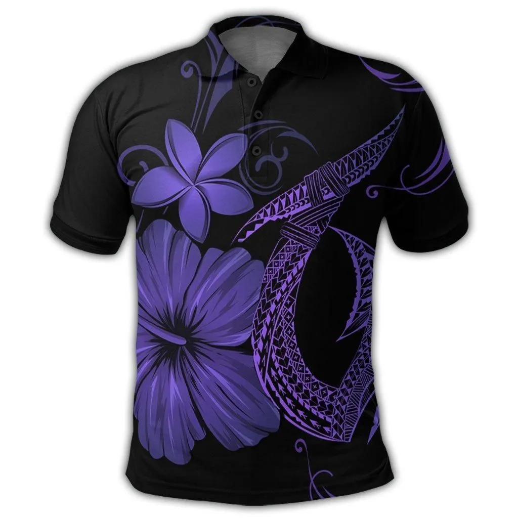 Hawaiian Fish Hook Hibiscus Plumeria Polynesian Polo Shirt - Purple - AH