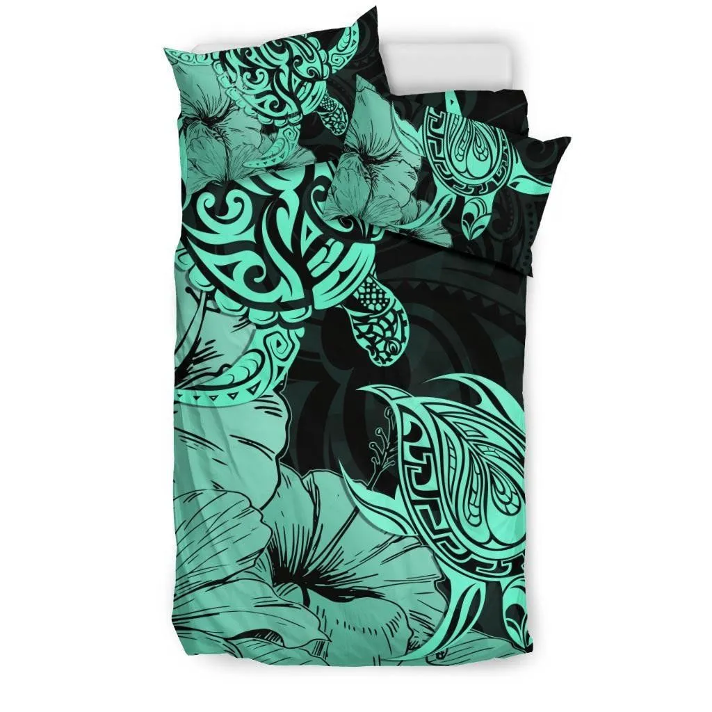 FamilyGater Bedding Set - Cover and Pillow Cases Hawaii Turtle Polynesian Hibiscus Art Turquoise AH J1
