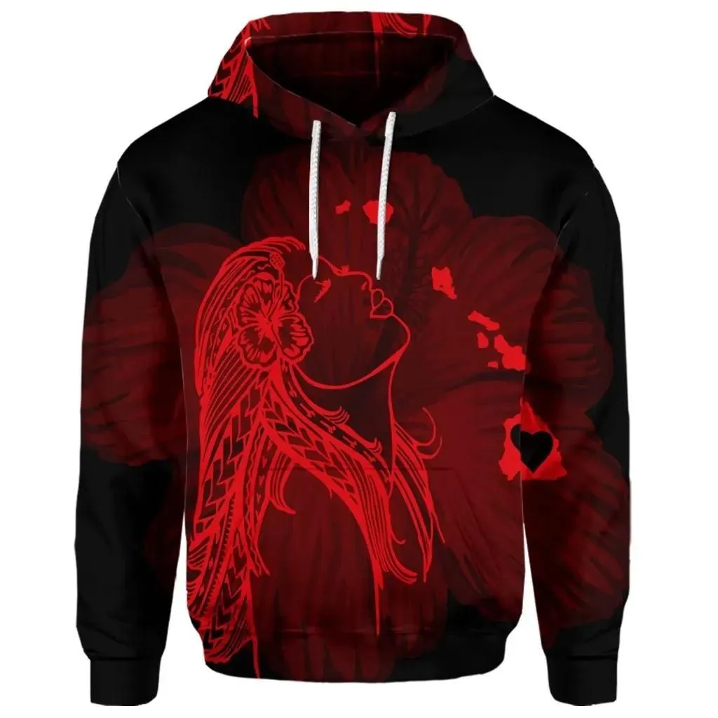 Alohawaii Hoodie - (Personalised) Hawaiian Map Heart Hula Girl Hibiscus Red Polynesian Hoodie - AH - J4R