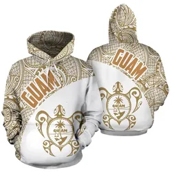Guam Hoodie - Guam Coat Of Arm in Turtle Polynesian Tattoo White Gold