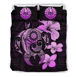 Alohawaii Bedding Set - Cover and Pillow Cases Tahiti Hibiscus Plumeria Mix Polynesian Pink Turtle - J1