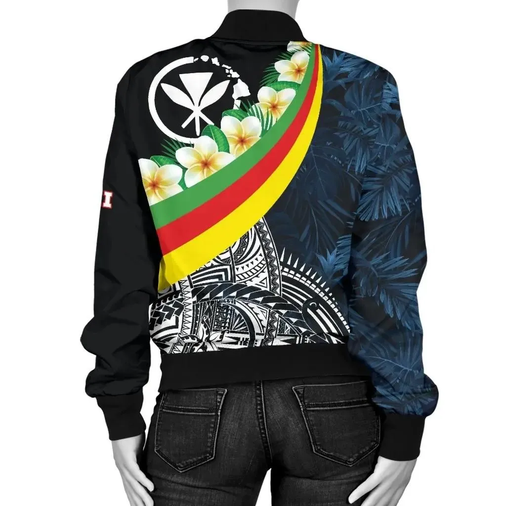 Polynesian Hawaii Women's Bomber Jacket - Kanaka Maoli With Plumeria Style - BN18