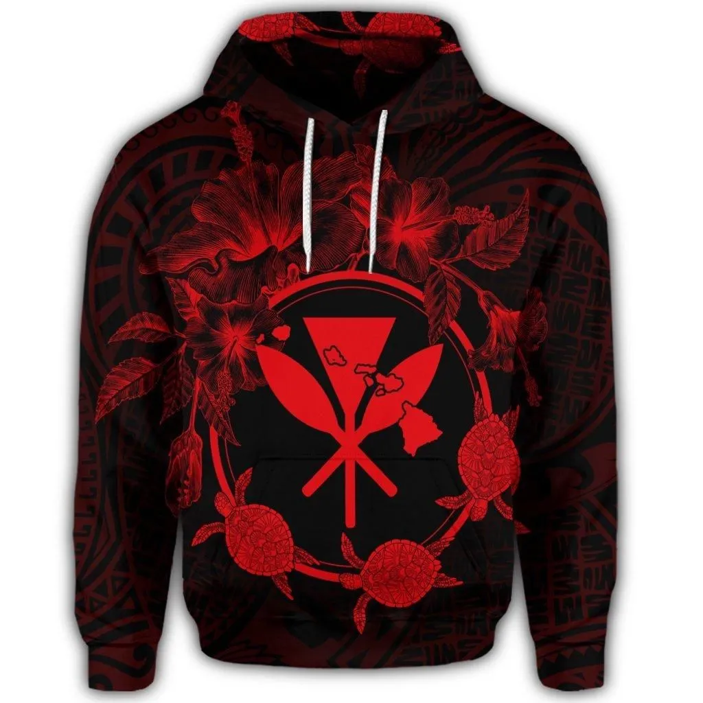 Hawaiian Kanaka Turtle Hibiscus Polynesian Hoodie - Anthea Style Red