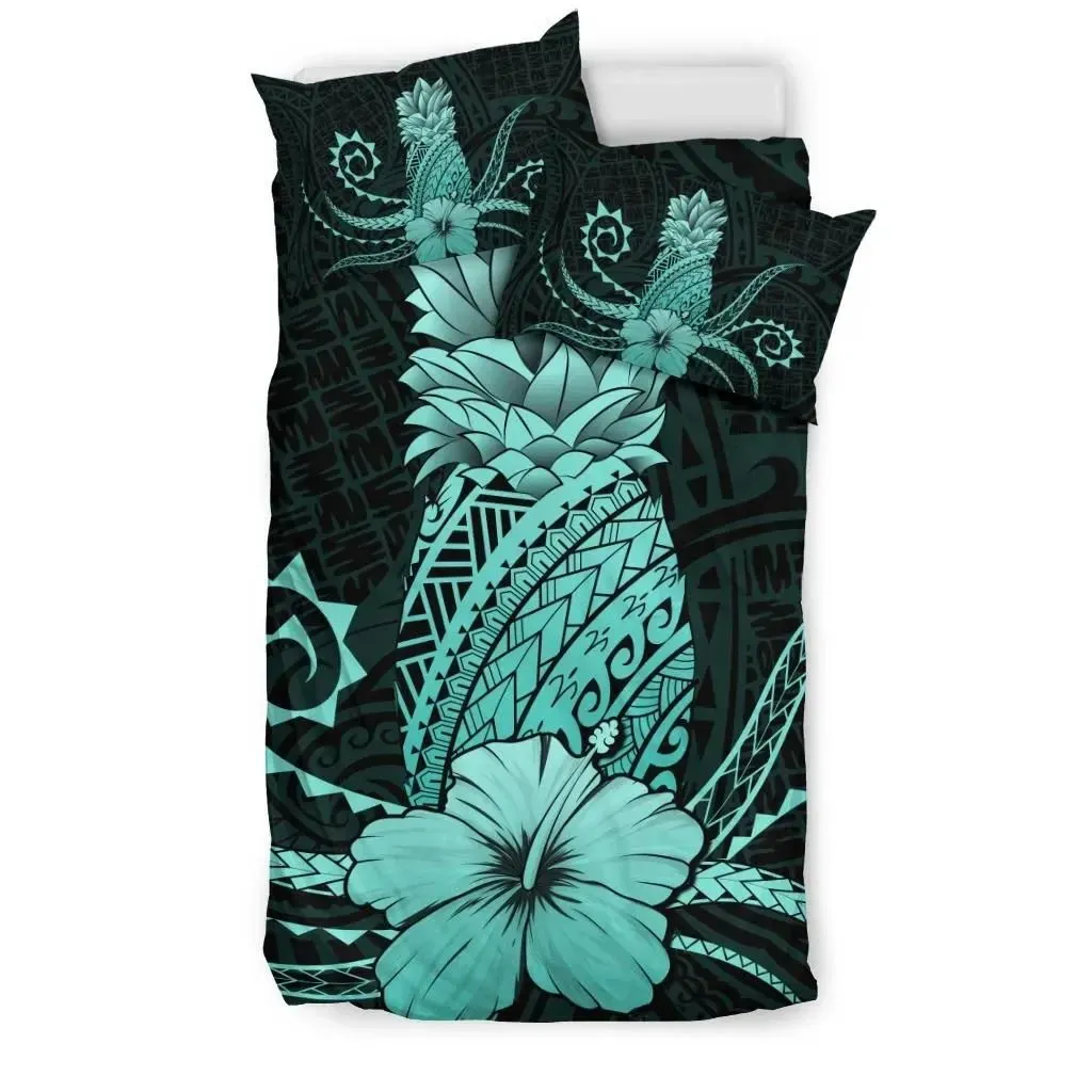 FamilyGater Home Set - Hawaii Polynesian Pineapple Hibiscus Bedding Set - Zela Style Turquoise - AH - J4