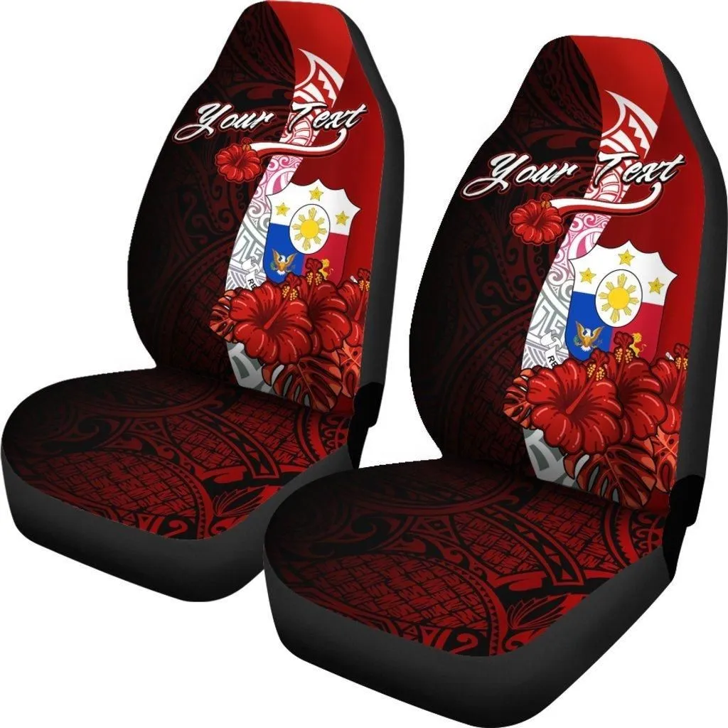 Philippines Polynesian Custom Personalised Car Seat Covers - Coat Of Arm With Hibiscus