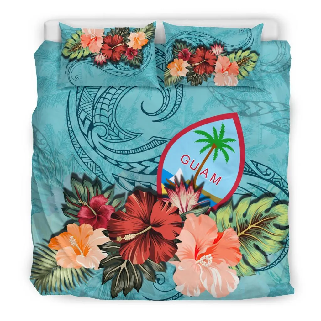 Guam Bedding Set Guam Hibiscus Polynesian Wave Coat Of Arms Duvet Cover Blue TH5