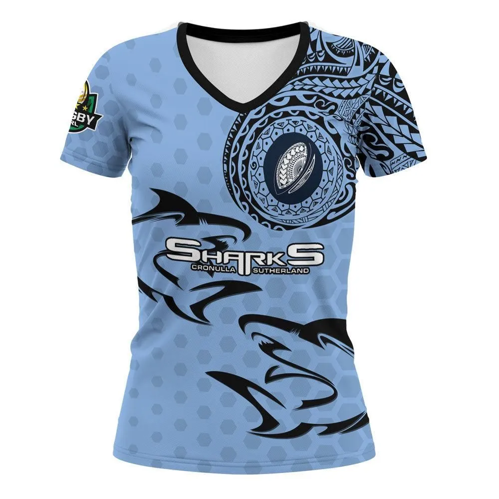 Vibe Hoodie Clothing - (Custom) Cronulla Sutherland Sharks Polynesian Tattoo Style V-neck T Shirt