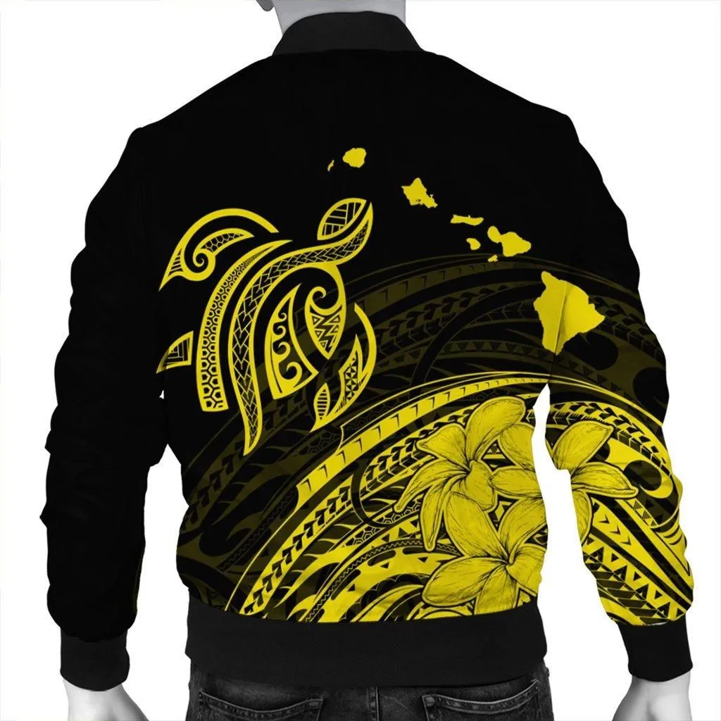 Hawaii Turtle Polynesian Map Plumeria Yellow Bomber Jacket - AH
