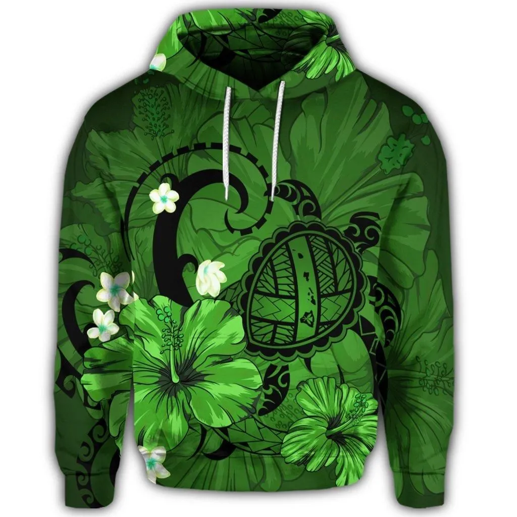 Hawaiian Map Big Turtle Hibiscus Plumeria Tribal Polynesian Hoodie - Green