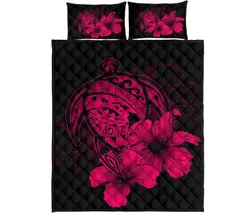 Hawaiian Map Turtle Hibiscus Polynesian Quilt Bedding Set - Calico Red