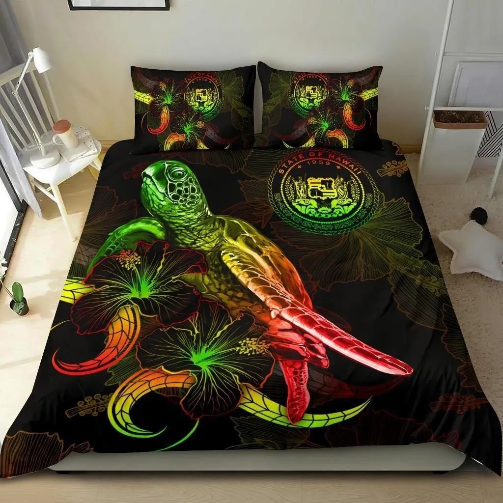 Alohawaii Bedding Set - Cover and Pillow Cases Hawaii Polynesian - Turtle With Blooming Hibiscus Reggae - BN22
