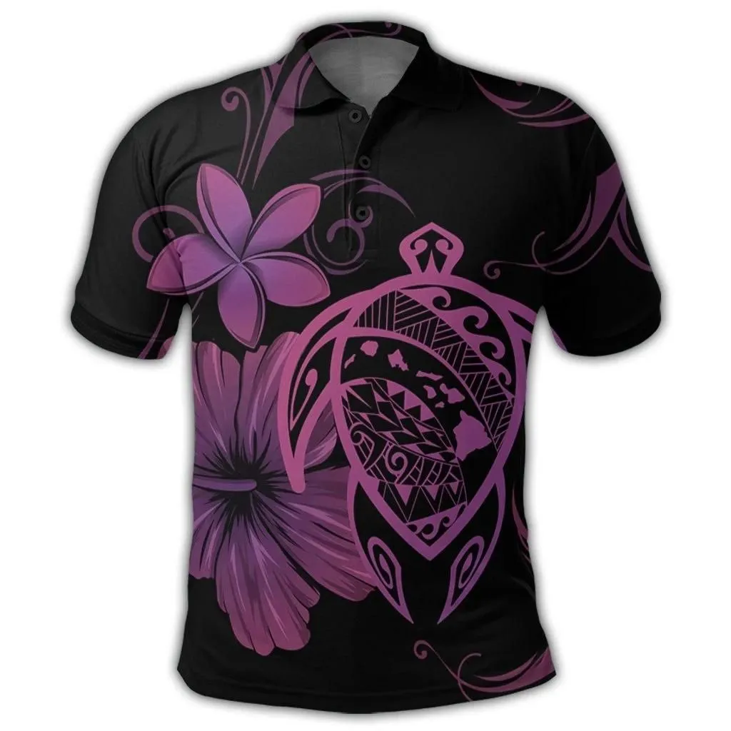 Alohawaii Shirt - Hawaiian Map Turtle Hibiscus Plumeria Polynesian Polo Shirt - Pink - AH - J4R