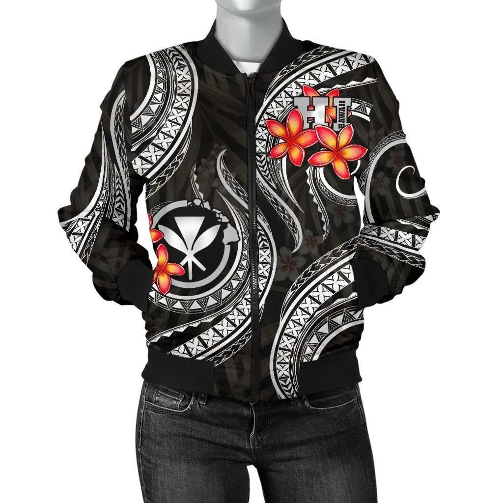 Alohawaii Jacket - Bomber Jacket Polynesian Hawaii Black Plumeria - BN11