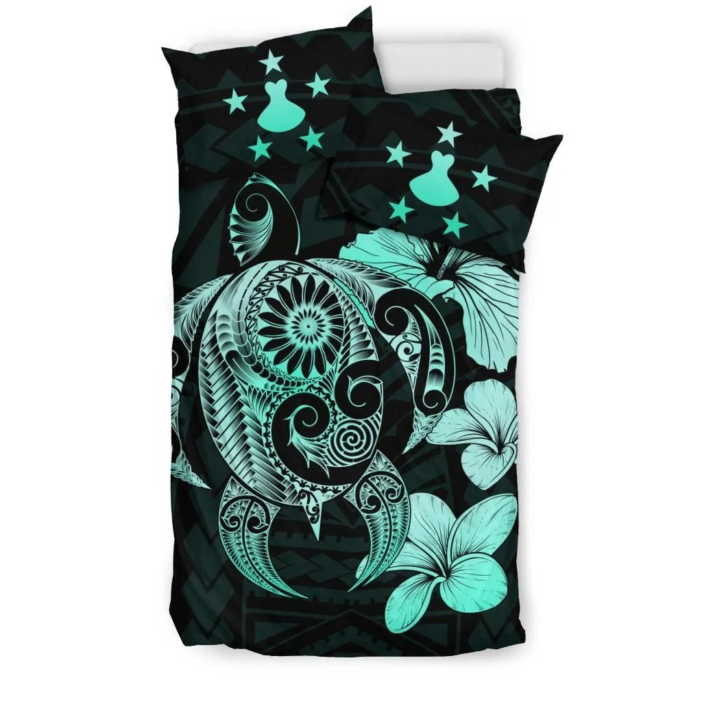 Austral Islands Hibiscus Plumeria Mix Polynesian Turquoise Turtle Bedding Set - J1