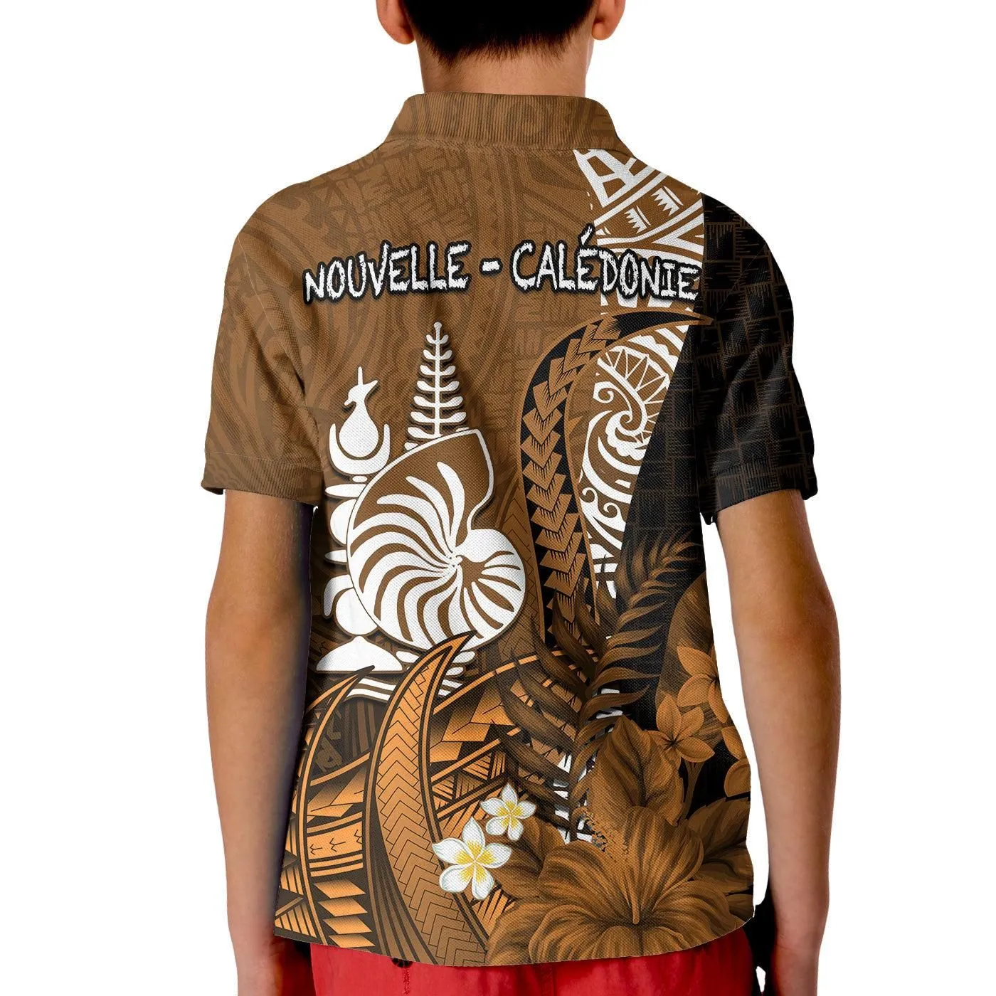 (Custom Personalised) New Caledonia Polo Shirt KID Nautilus Gold Polynesian Hibiscus LT13