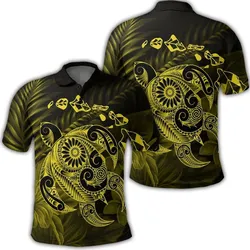 Hawaiian Map Turtle Tattoo Hibiscus Plumeria Polynesian Polo Shirt - Yellow