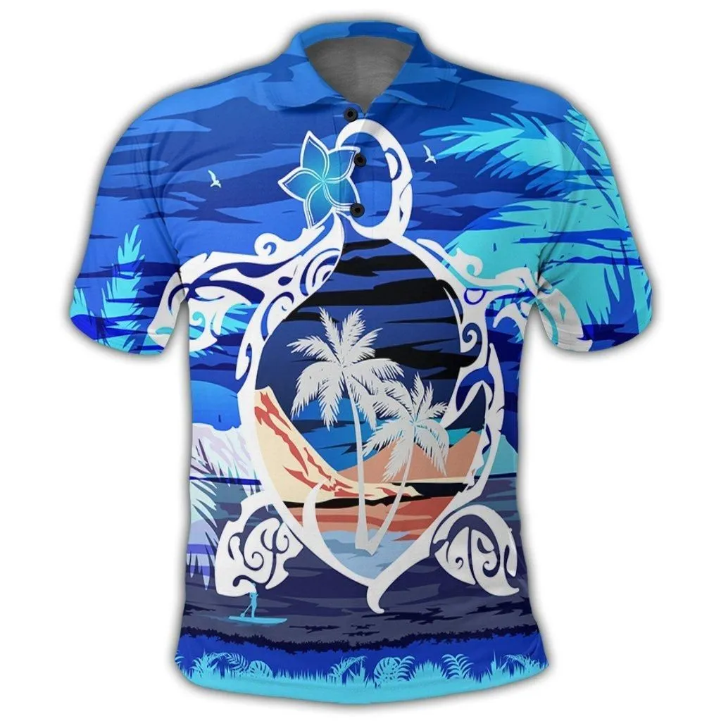 Hawaiian Turtle Plumeria Coconut Tree Polynesian Polo Shirt Blue