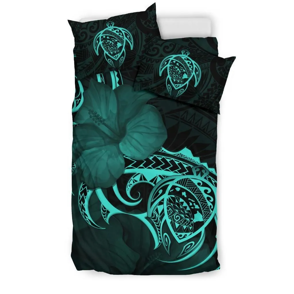Hawaiian Map Turtle Hibiscus Divise Turquoise Polynesian Bedding Set