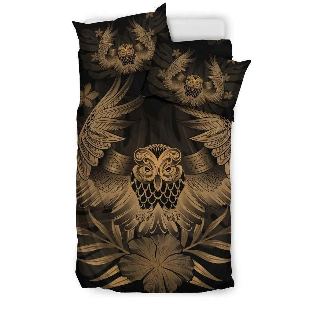 Hawaiian Owl Hibiscus Plumeria Polynesian Bedding Set - Gold - AH J4