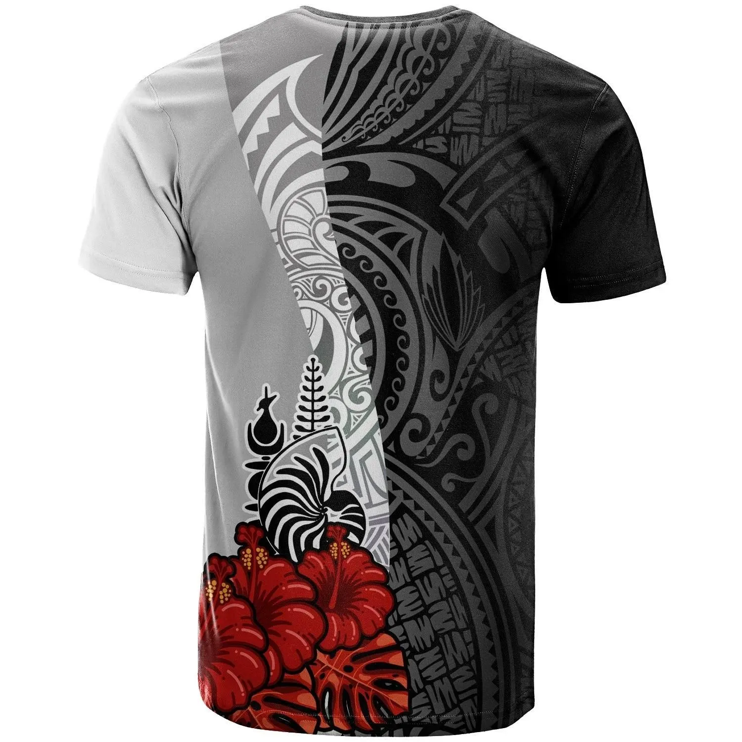 New Caledonia Polynesian T-Shirt - Coat Of Arms With Hibiscus White - BN12