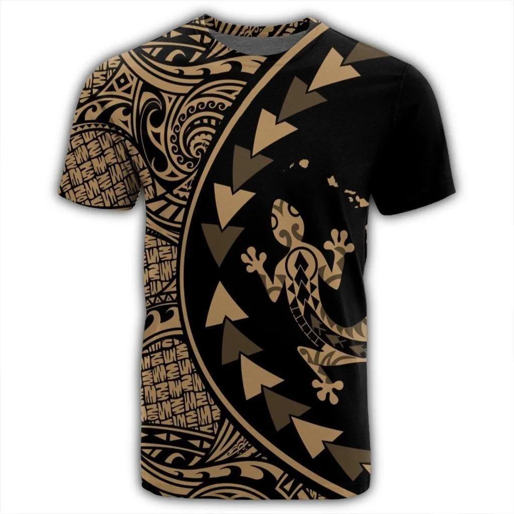 Hawaiian Map Gecko Tattoo Kakau Polynesian T-Shirt Gold AH