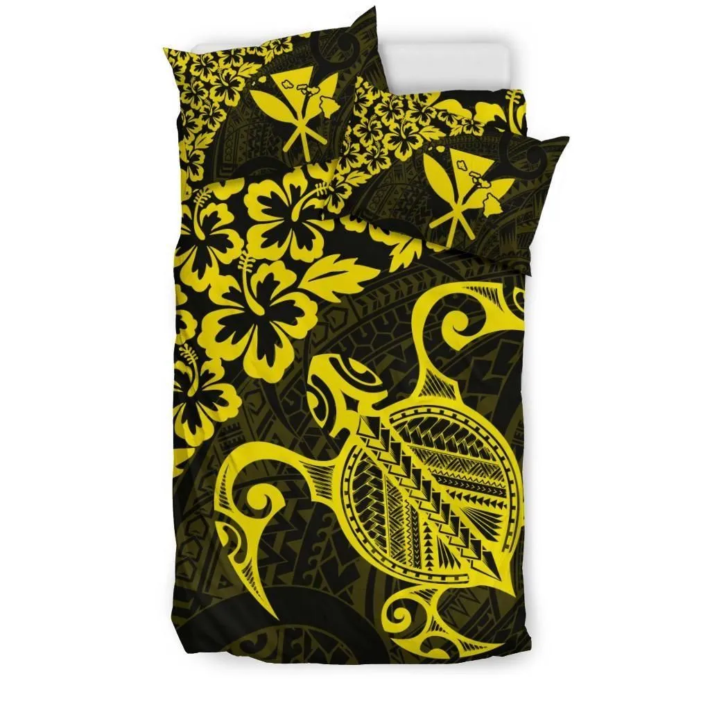 FamilyGater Home Set - Hawaiian Map Turtle Hibiscus Kanaka Polynesian Bedding Set - Yellow - AH J4