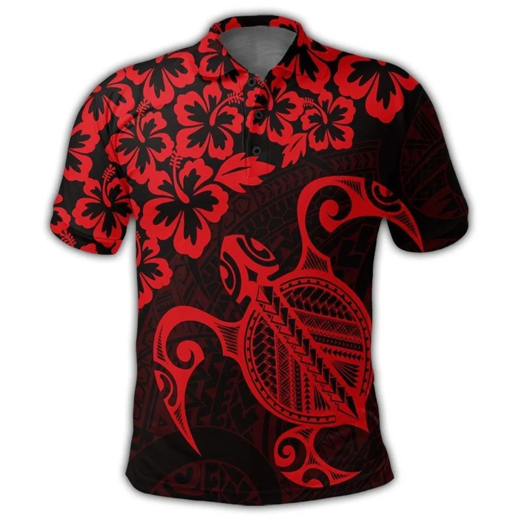 Hawaiian Map Turtle Hibiscus Kanaka Polynesian Polo Shirt - Red