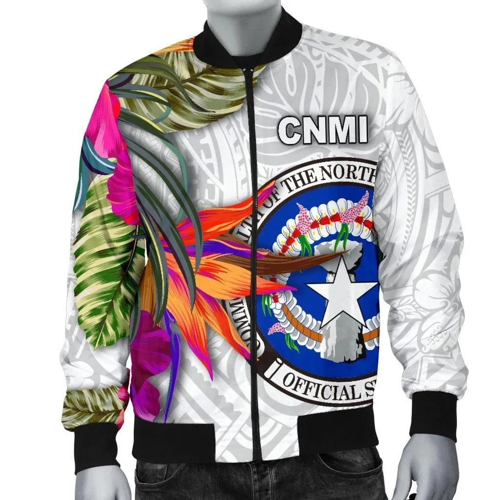 Northern Mariana Islands Mens Bomber Jacket Polynesian Hibiscus White Pattern