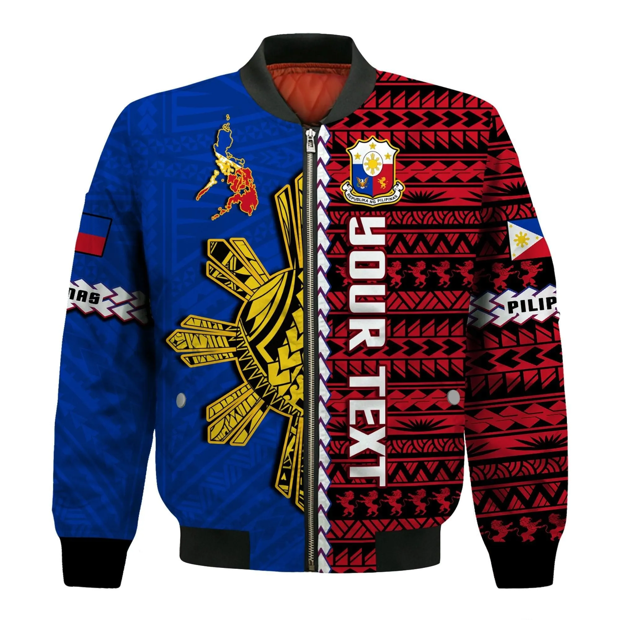 (Custom Personalised) Philippines Bomber Jacket Pilipinas Sun Mix Polynesian Pattern LT14