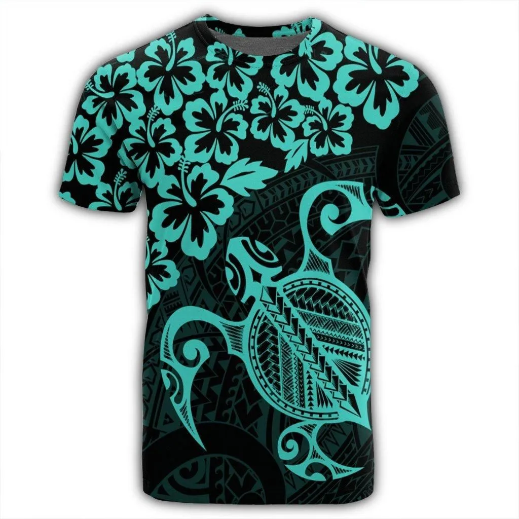 Hawaiian Map Turtle Hibiscus Kanaka Polynesian T-Shirt - Turquoise - AH