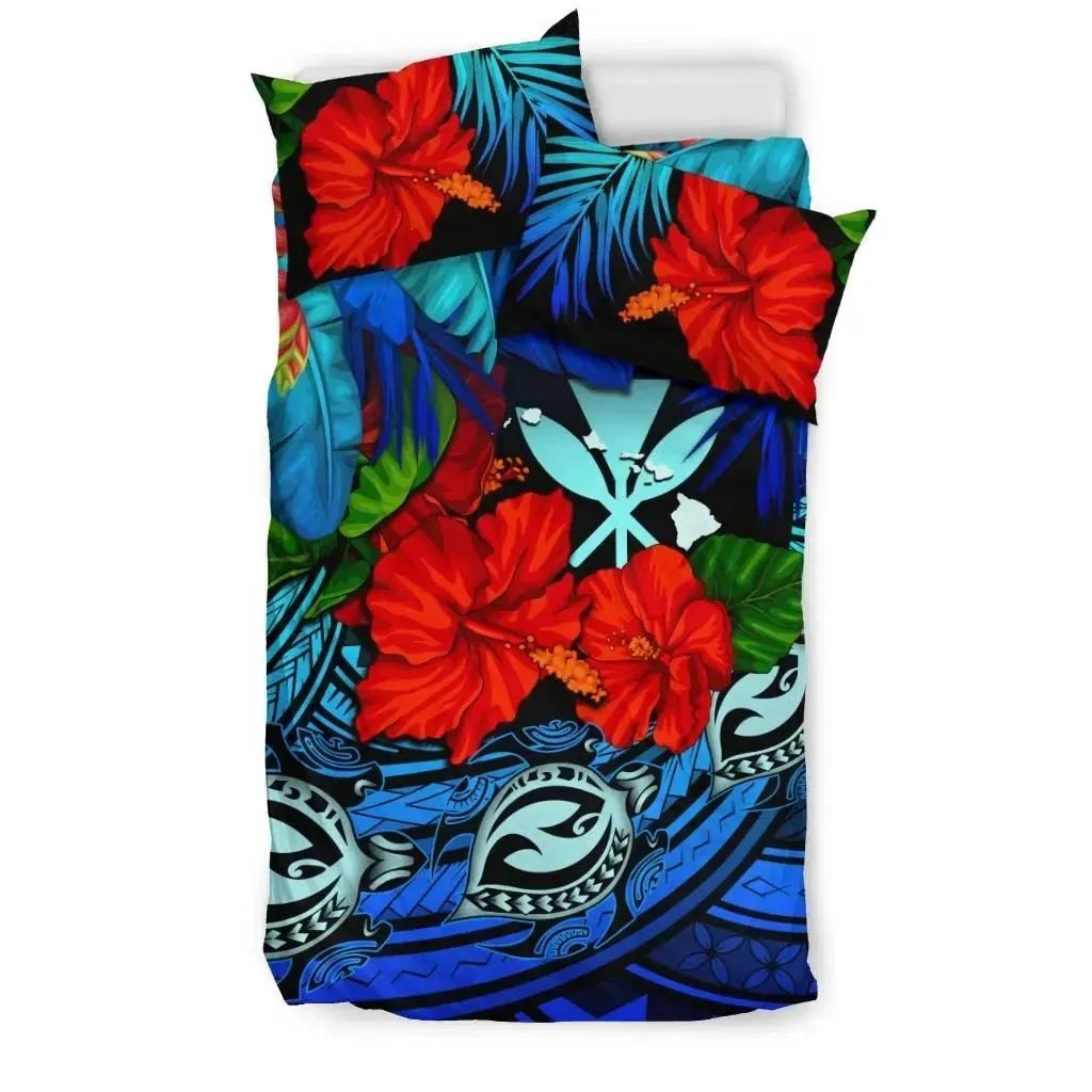 Kanaka Maoli (Hawaiian) Bedding Set - Polynesian Turtle And Hibiscus Blue¬†A24