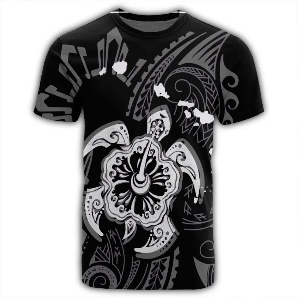 Alohawaii Tee - Hawaiian Map Kanaka Hibiscus Turtle White Polynesian T-shirt AH - J4R
