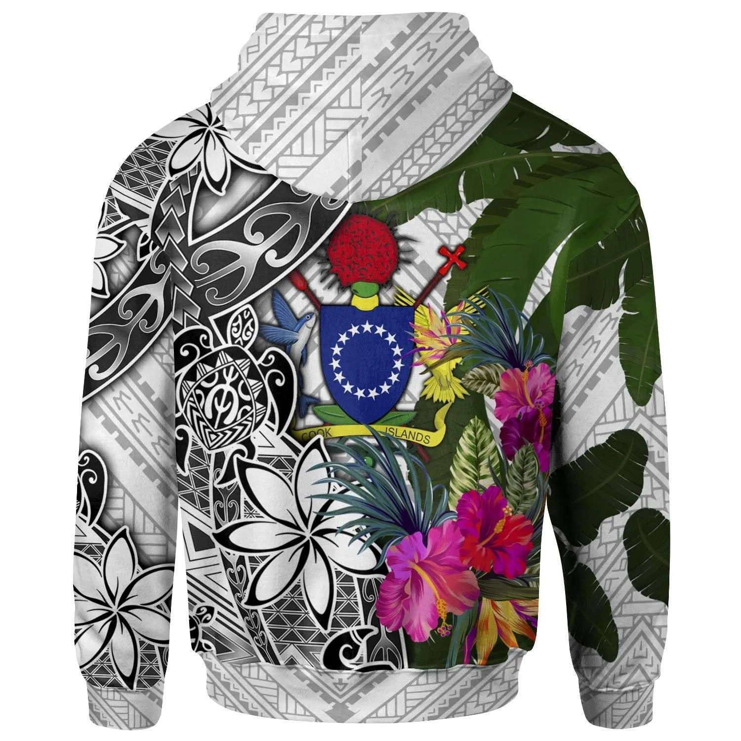 Cook Islands Hoodie White - Turtle Plumeria Banana Leaf