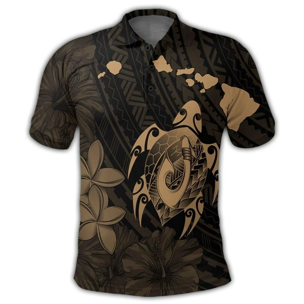 Hawaiian Map Turtle Plumeria Hibiscus Fish Hook Polynesian Polo Shirt Gold - AH