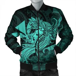 Hawaiian Map Hula Girl Hibiscus Kanaka Polynesian Bomber Jacket - Turquoise