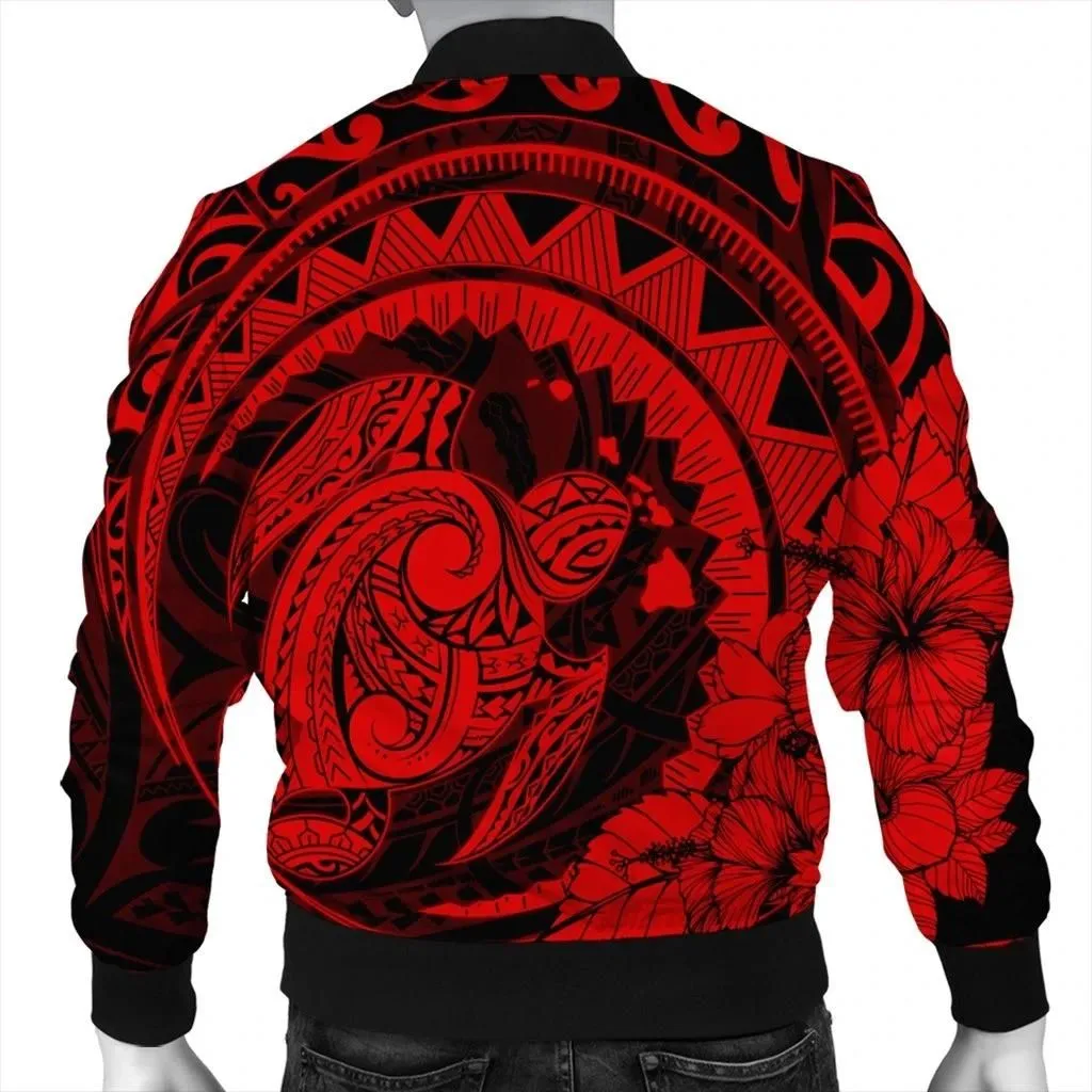 FamilyGaterJacket - Hawaiian Kanaka Honu Map Hibiscus Globular Polynesian Red Bomber Jacket - AH - JR