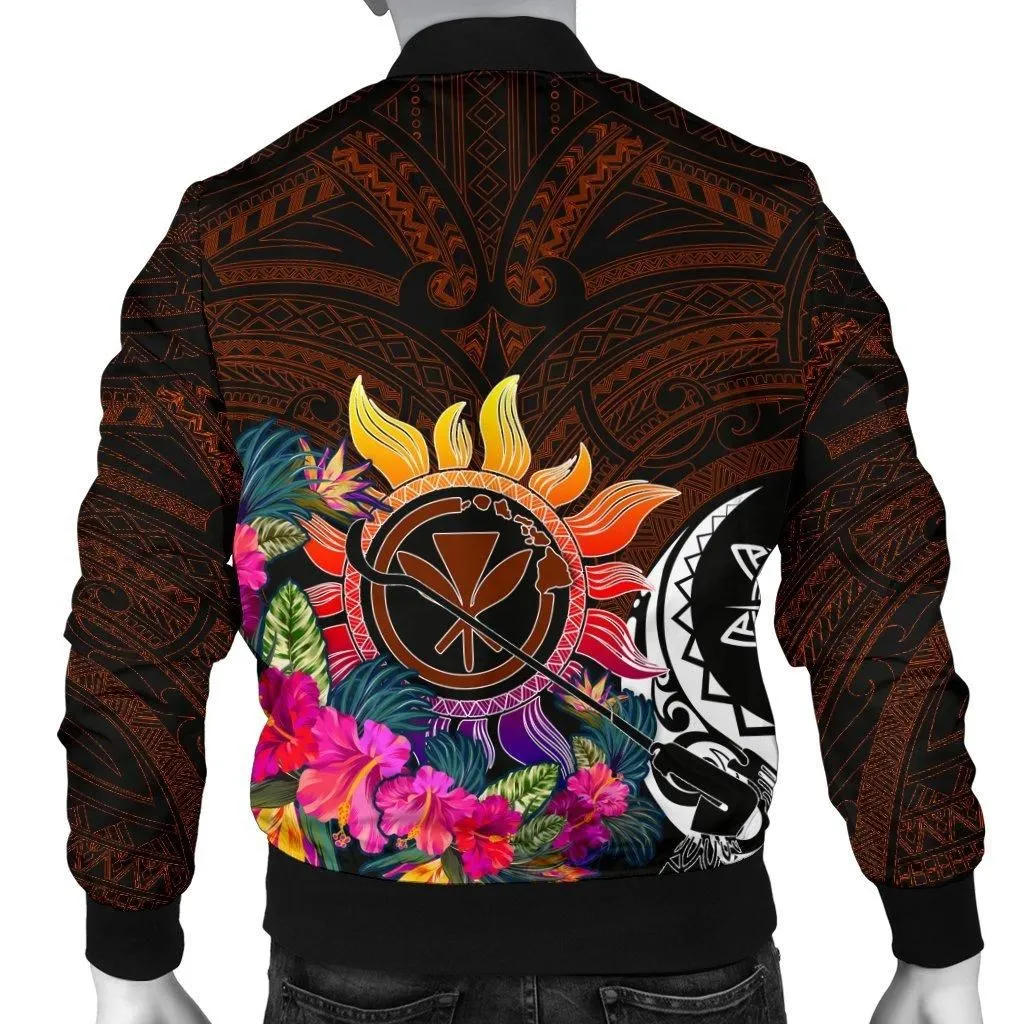 Polynesian Mens Bomber Jackets - Hawaii Kanaka Maoli and Hibiscus Flowers With Polynesian Patterns
