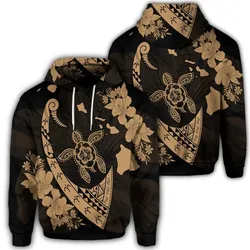 Hawaiian Map Hibiscus Turtle Fish Hook Polynesian Hoodie Gold