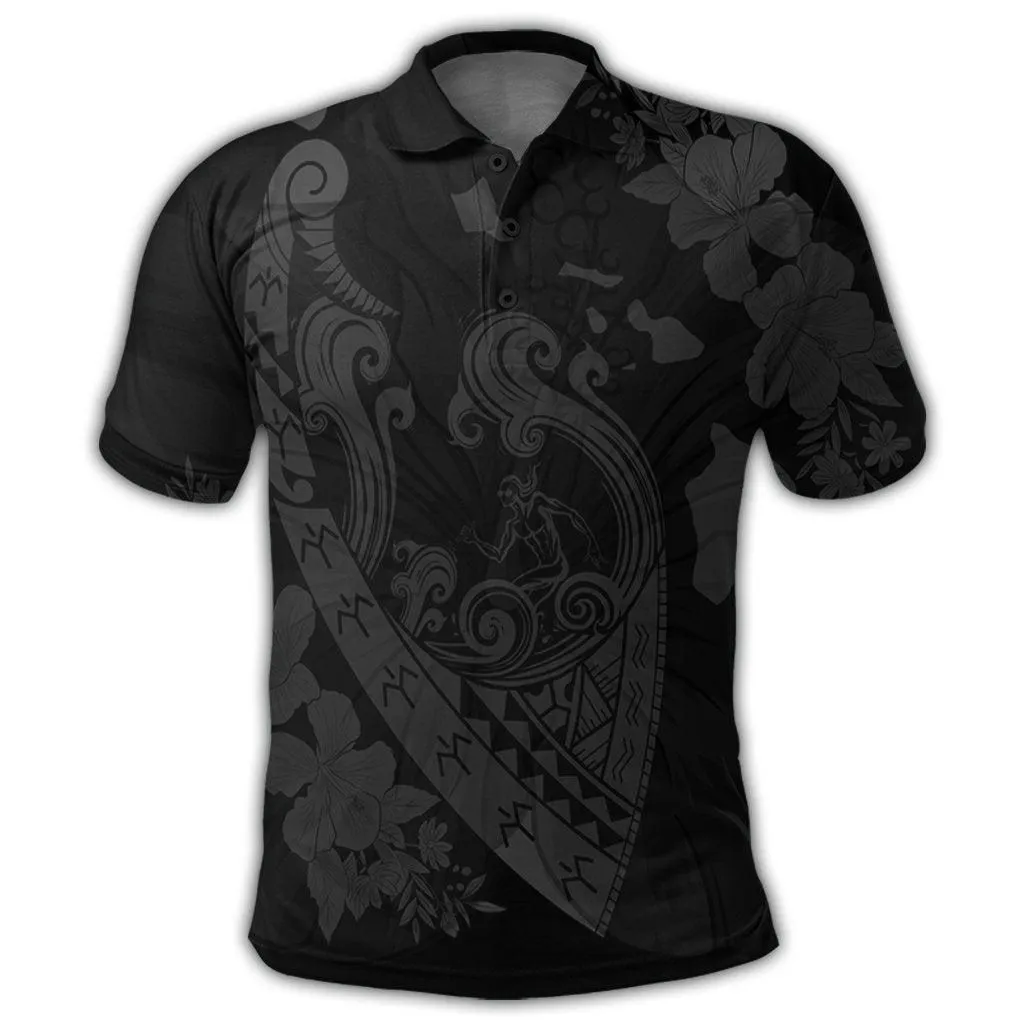 Hawaiian Fish Hook Hibiscus Banzai Surfing Polynesian Polo Shirt Grey
