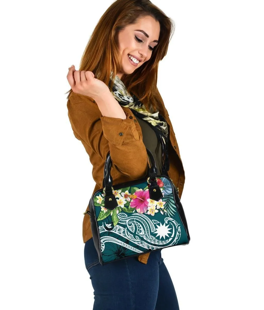 Nauru Polynesian Shoulder Handbag - Summer Plumeria (Turquoise)