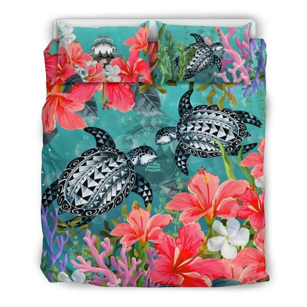 FamilyGater Bedding Set - Cover and Pillow Cases Costa Rica - Polynesian Turtle Hibiscus And Seaweed A24