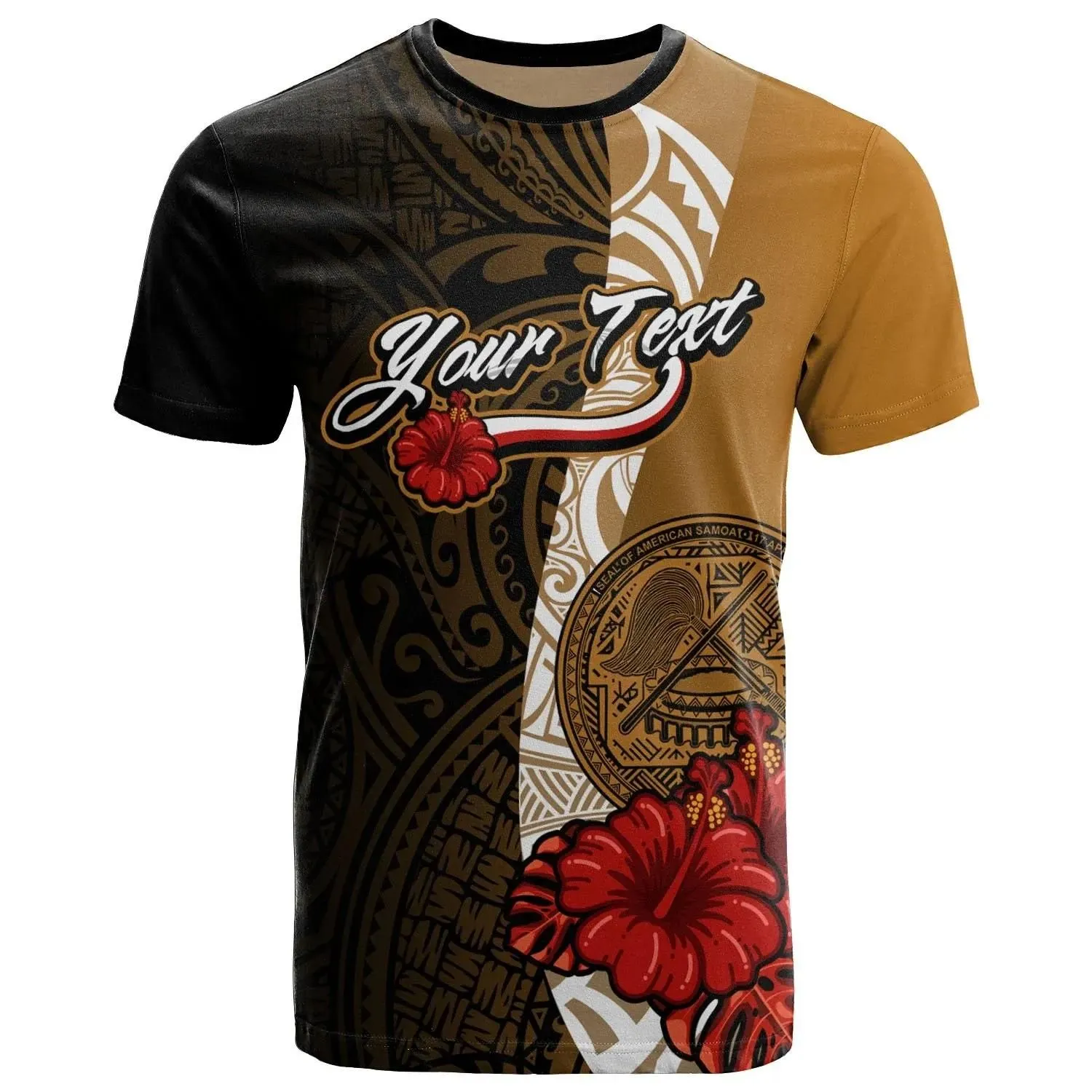 American Samoa Polynesian Custom Personalised T-Shirt - Coat Of Arms With Hibiscus Gold - BN12