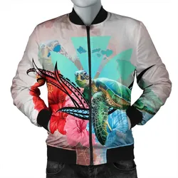 Hawaii Map Kanaka Sea Turtle Hibiscus Bomber Jacket - AH - Blue Pink