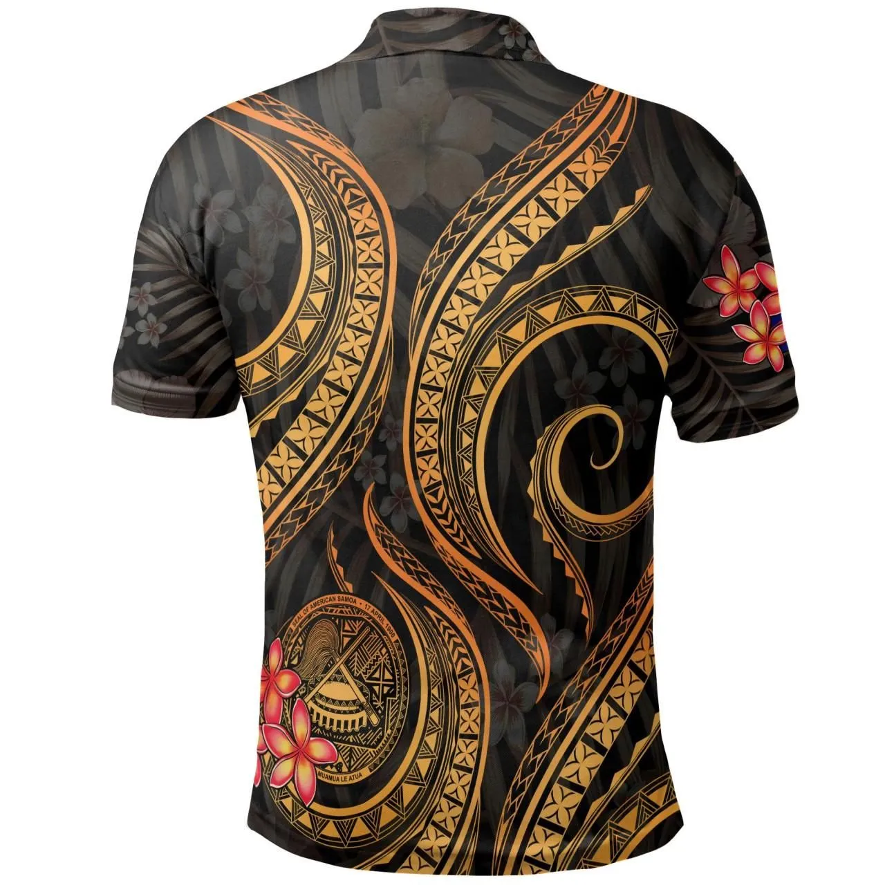 American Samoa Polo Shirt - American Samoa Flag Seal Tentacle Plumeria Black Gold
