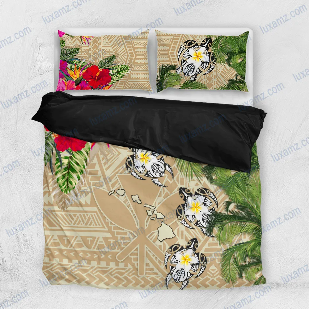 Kanaka Maoli Hawaii Hibiscus Turtle Tattoo Beige Bedding Set