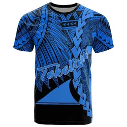 Tokelau Polynesian T shirt - Tribal Wave Tattoo Blue