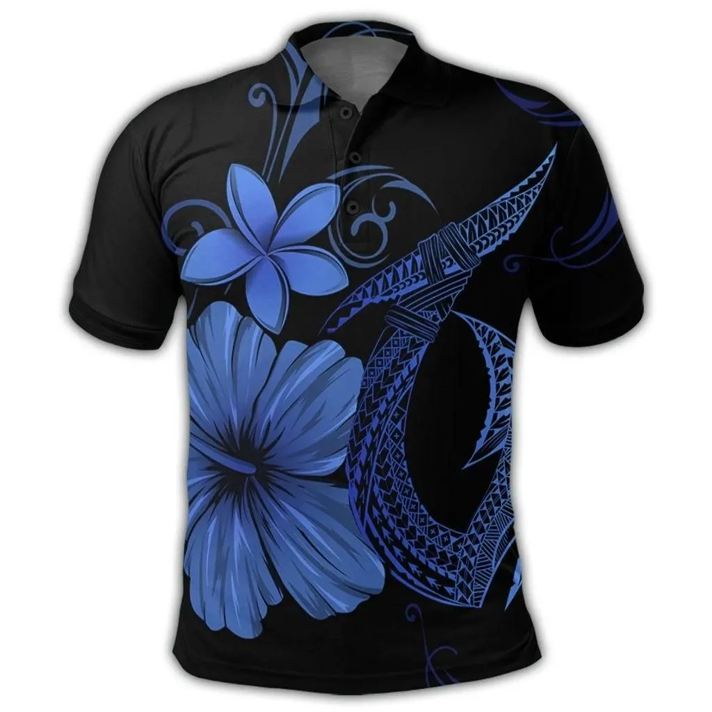 Alohawaii Shirt - Hawaiian Fish Hook Hibiscus Plumeria Polynesian Polo Shirt - Blue - AH - J4R