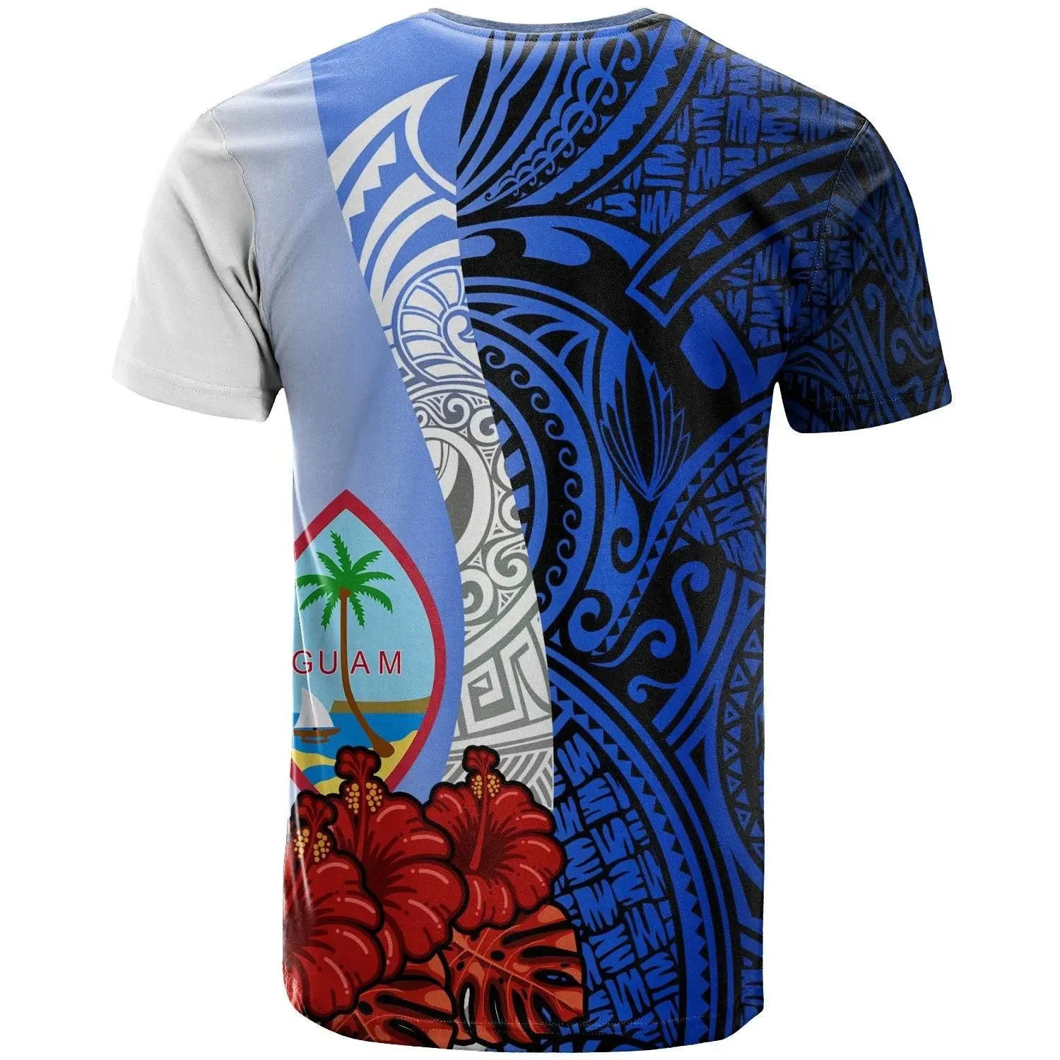 Guam Polynesian T-shirt - Coat Of Arm With Hibiscus Blue - BN12