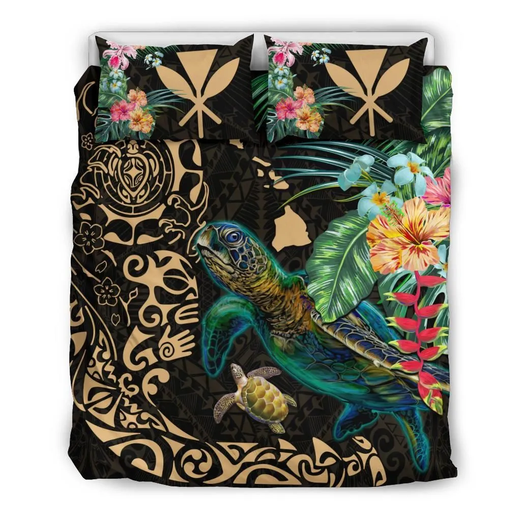Hawaii Tiki Polynesian Bedding Set - Turtle Mix Hibiscus Gold