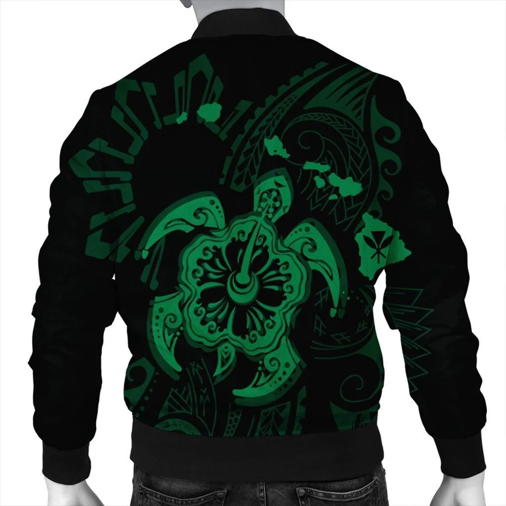 Hawaiian Map Kanaka Hibiscus Turtle Green Polynesian Bomber Jacket